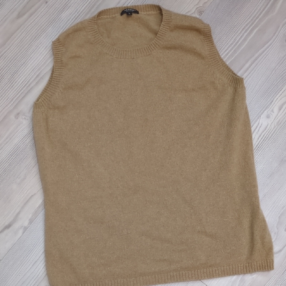 Prague Cashmere L Camel Tan Vest Sweater Sleeveless So Soft Crew Neck 100% Cashm
